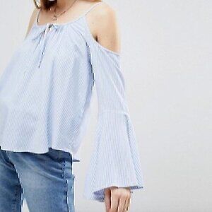 HOLLISTER Cold Shoulder Striped Blouse Blue White Long Bell Sleeve Top JUNIORS